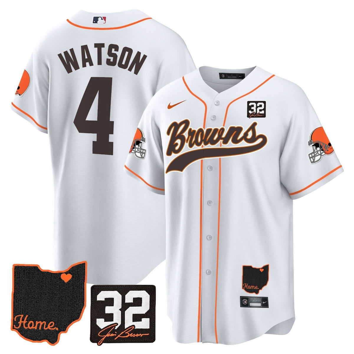 CLE #32 Jim Brown Memorial & Home Patch Baseball Jersey V2
