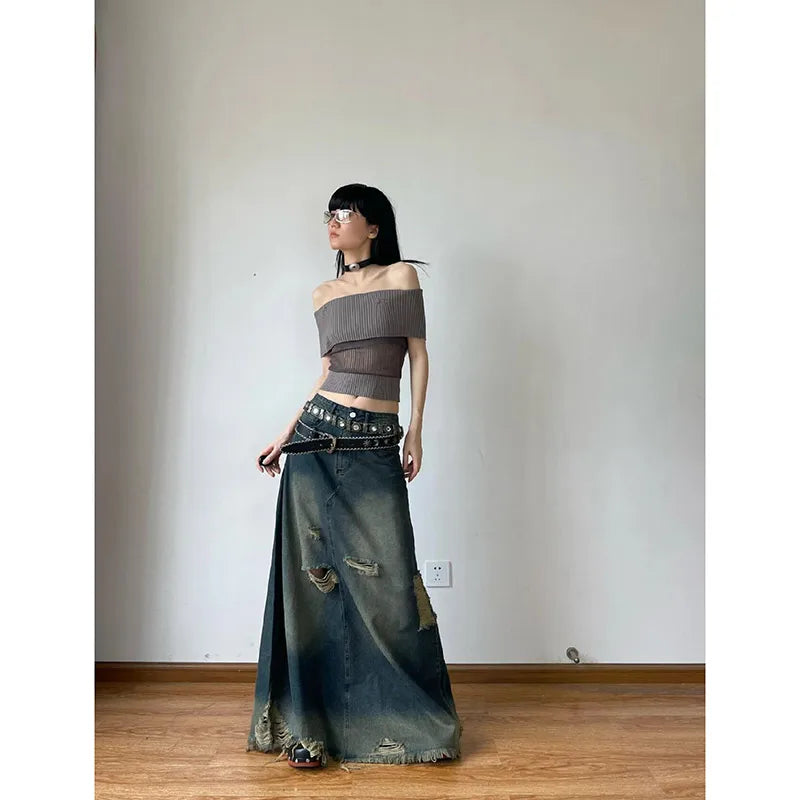 Women Denim Skirt Y2k Emo 2000s Clothes Long Skirt Harajuku Korean 90s Fashion Vintage Gradient A-line Jean Skirt Grunge Clothes