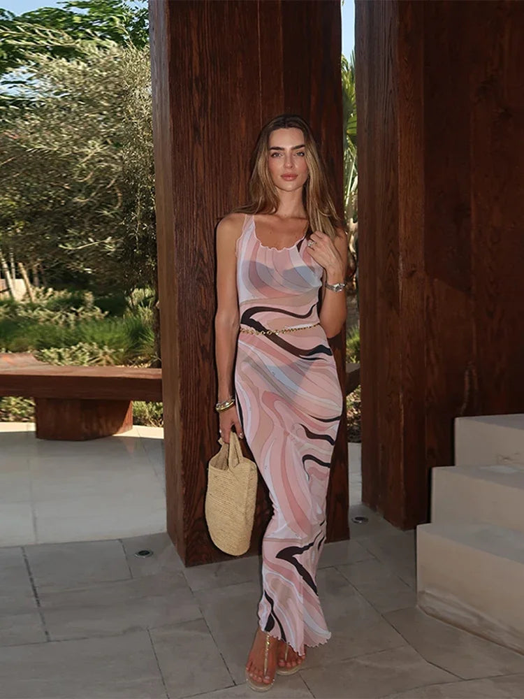 2025 New Fashion Print Beach Long Dress Summer Women Spaghetti Strap Dress Long Sleeve O-Neck Dresses Summer New Lady Robes