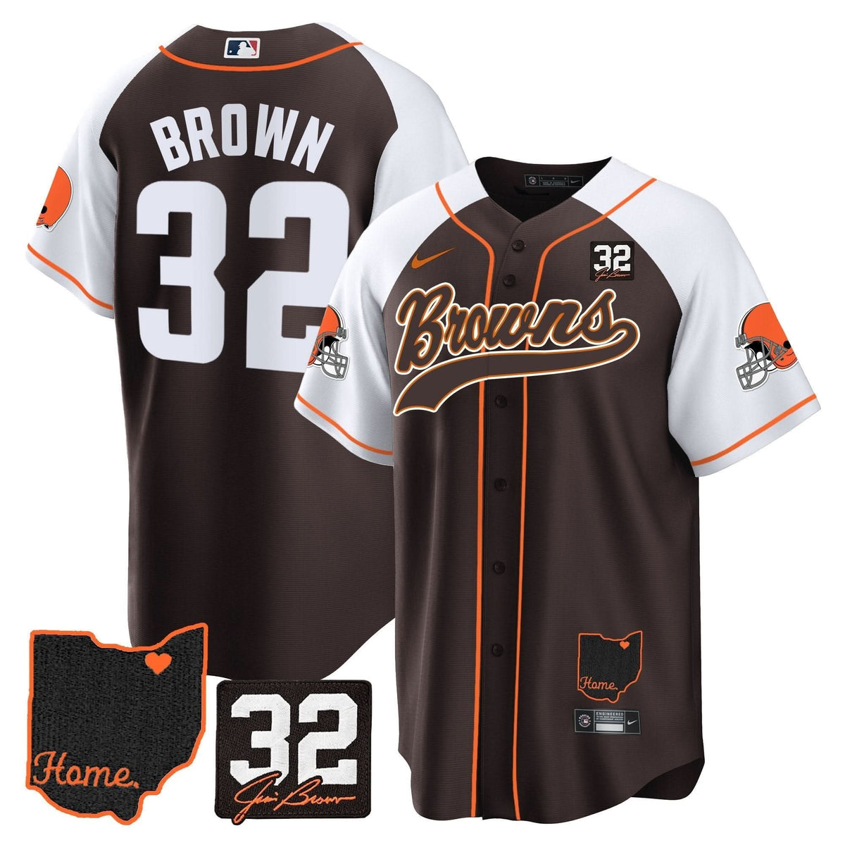 CLE #32 Jim Brown Memorial & Home Patch Baseball Jersey V2 - All Stitched