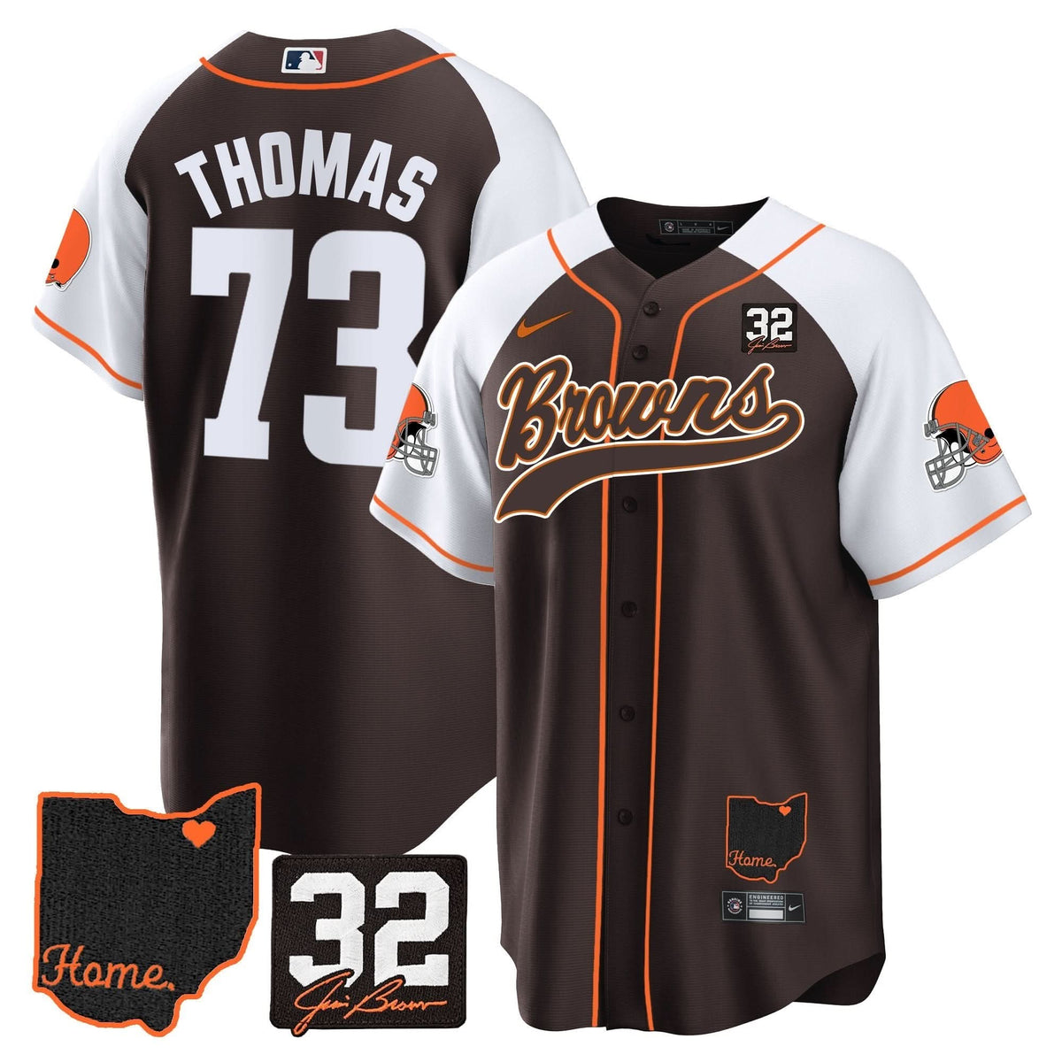 CLE #32 Jim Brown Memorial & Home Patch Baseball Jersey V2