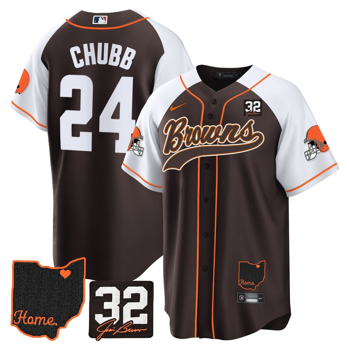 CLE #32 Jim Brown Memorial & Home Patch Baseball Jersey V2
