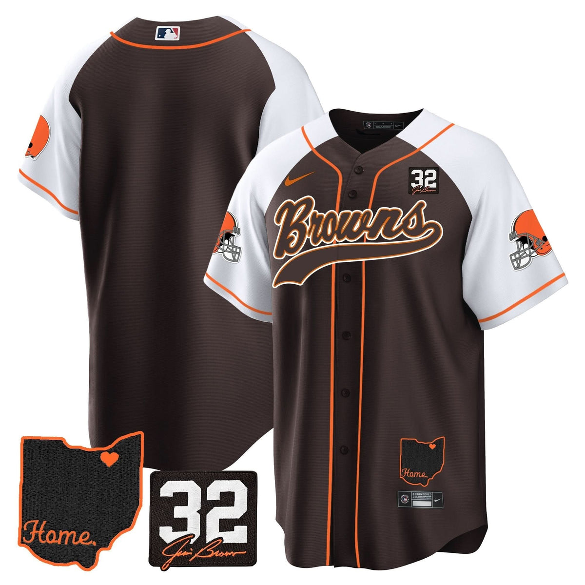 CLE #32 Jim Brown Memorial & Home Patch Baseball Jersey V2