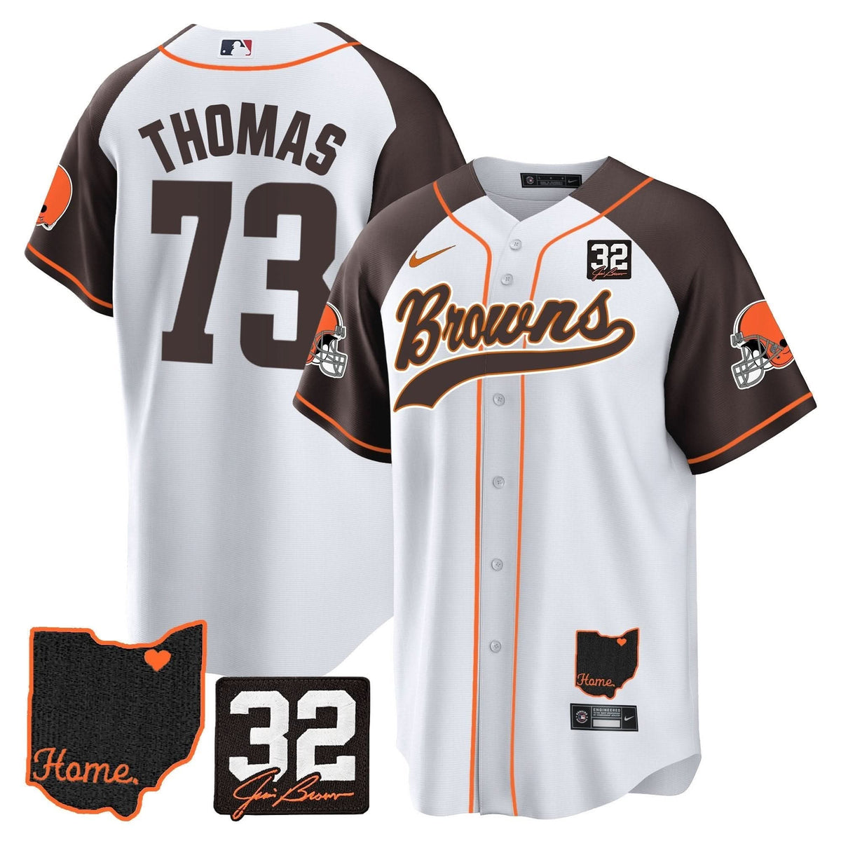 CLE #32 Jim Brown Memorial & Home Patch Baseball Jersey V2 - All Stitched