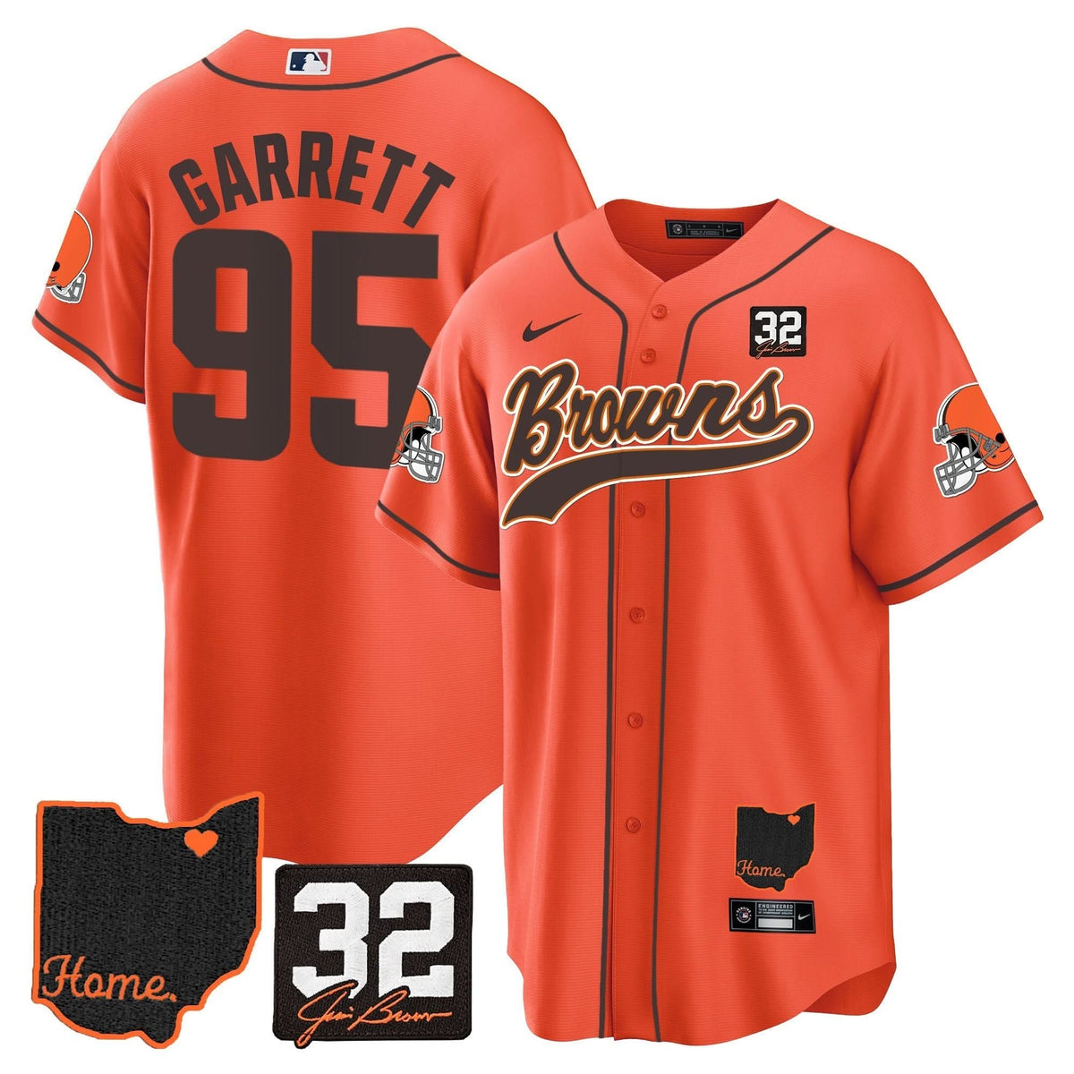 CLE #32 Jim Brown Memorial & Home Patch Baseball Jersey V2